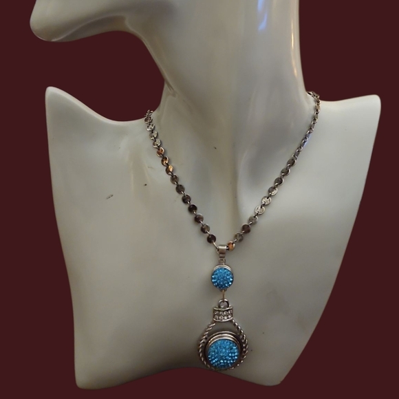 Vintage Acrylic Druzy Teardrop Pendant Disc Chain Necklace - Picture 1 of 7